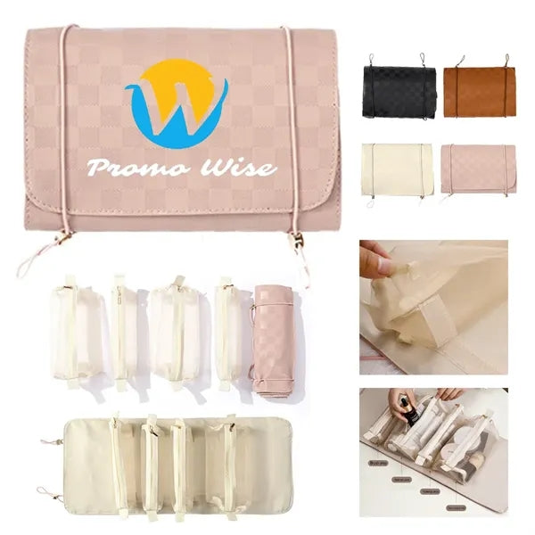Foldable Makeup Bag with Elastic Cord and Removable Pockets