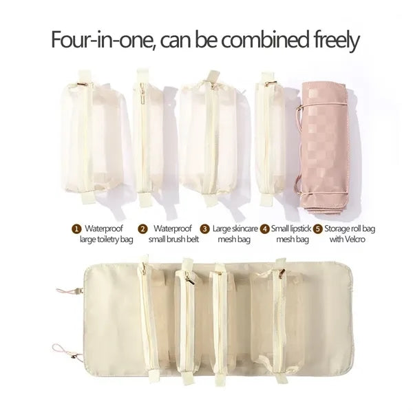 Foldable Makeup Bag with Elastic Cord and Removable Pockets
