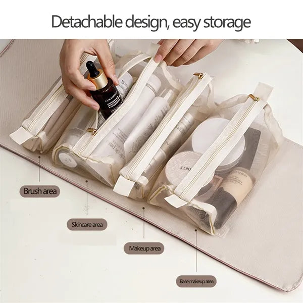 Foldable Makeup Bag with Elastic Cord and Removable Pockets