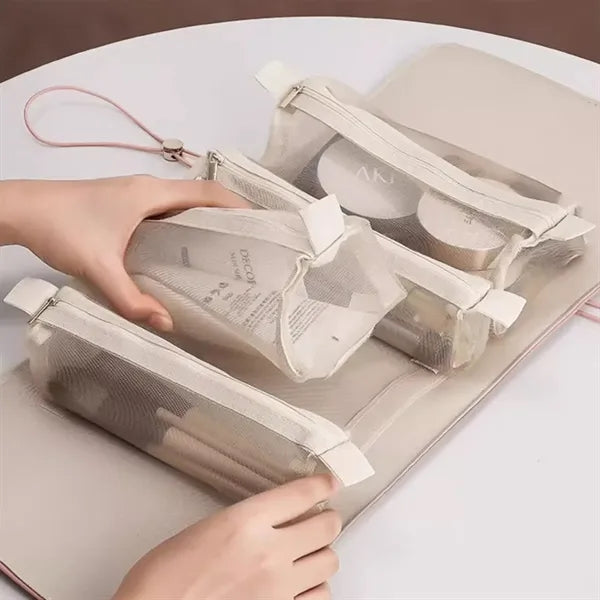 Foldable Makeup Bag with Elastic Cord and Removable Pockets