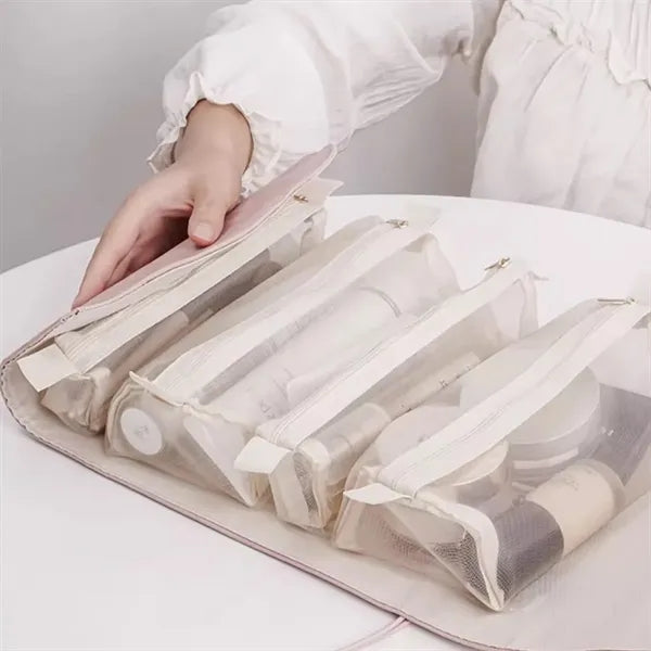 Foldable Makeup Bag with Elastic Cord and Removable Pockets