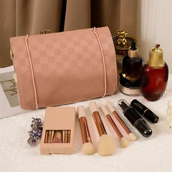 Foldable Makeup Bag with Elastic Cord and Removable Pockets