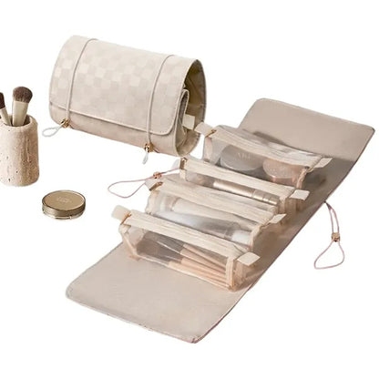 Foldable Makeup Bag with Elastic Cord and Removable Pockets