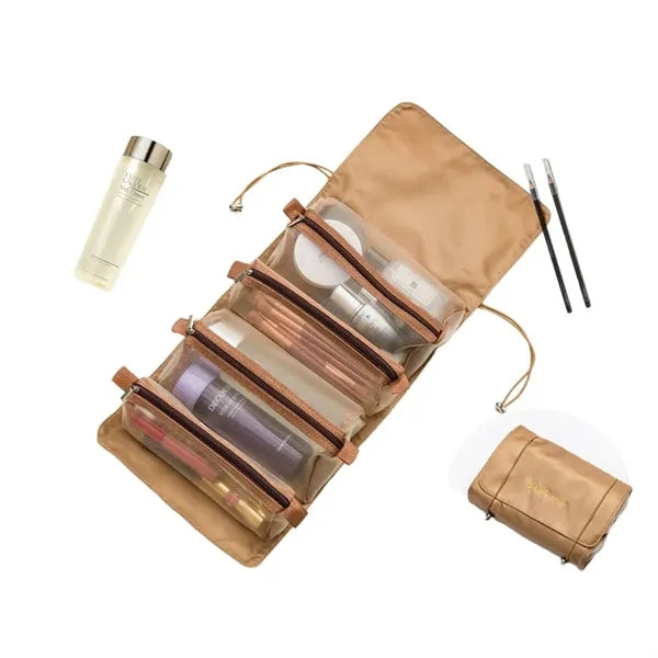 Foldable Makeup Bag with Elastic Cord and Removable Pockets