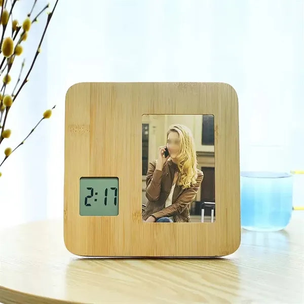 Bamboo Digital Clock With Customizable Photo Frame