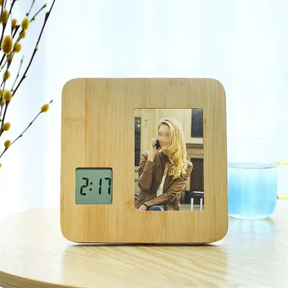 Bamboo Digital Clock With Customizable Photo Frame
