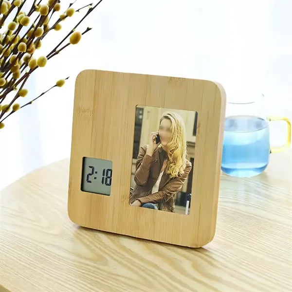 Bamboo Digital Clock With Customizable Photo Frame