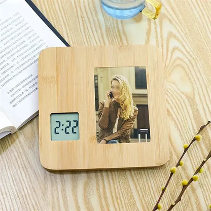 Bamboo Digital Clock With Customizable Photo Frame