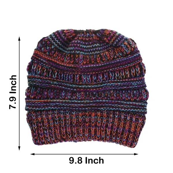 Soft Stretch Cable Knit Messy Bun Ponytail Winter Beanie