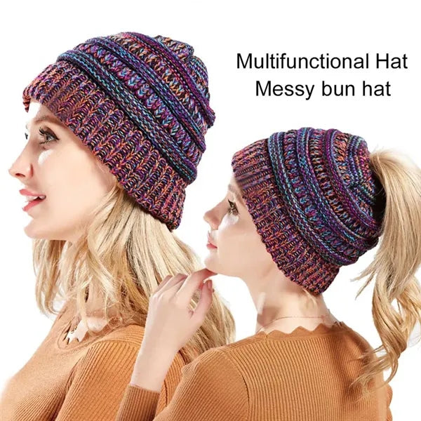 Soft Stretch Cable Knit Messy Bun Ponytail Winter Beanie