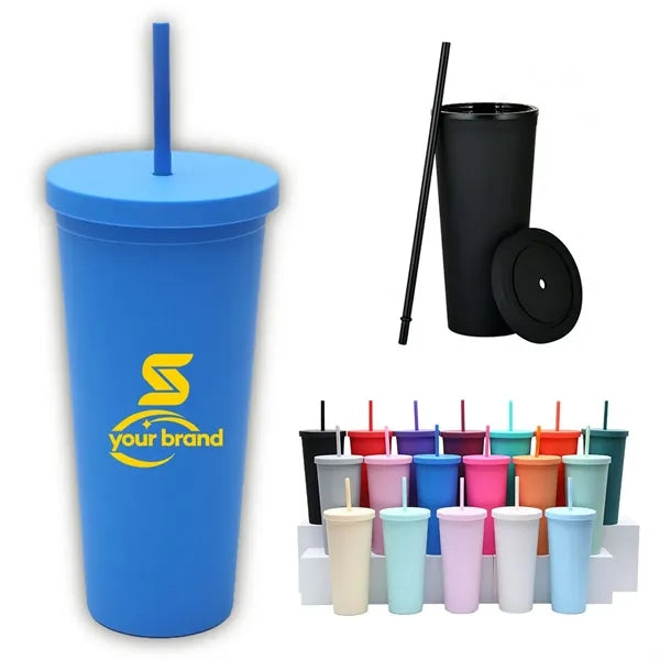 24oz Double-Wall Plastic Tumbler with Straw and Lid