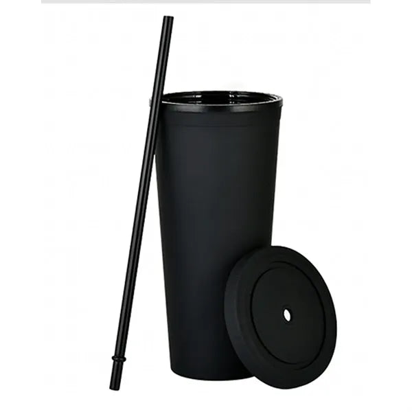 24oz Double-Wall Plastic Tumbler with Straw and Lid