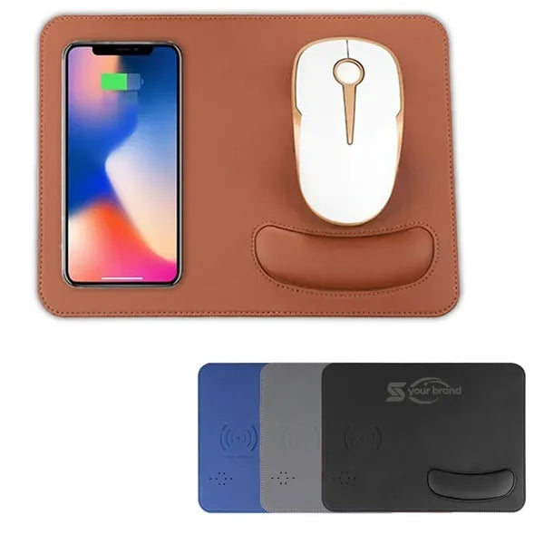 PU Leather Wireless Charging Mouse Pad with Wrist Rest