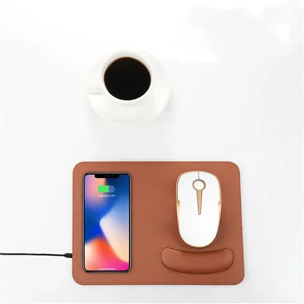 PU Leather Wireless Charging Mouse Pad with Wrist Rest