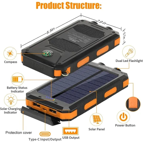 10000 mah Solar Charger Power Bank with Led Light