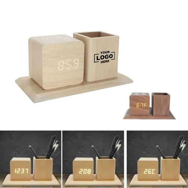 Wooden Pen Holder Alarm Clock With Wireless Charger