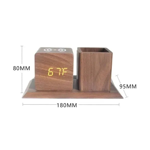 Wooden Pen Holder Alarm Clock With Wireless Charger