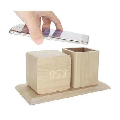 Wooden Pen Holder Alarm Clock With Wireless Charger