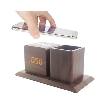 Wooden Pen Holder Alarm Clock With Wireless Charger
