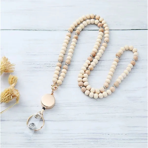 ID Name Badge Card Holder with Wooden Beaded Lanyard