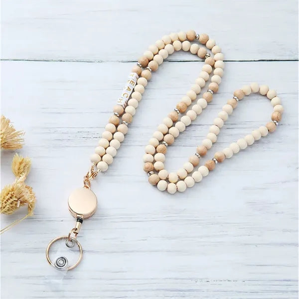 ID Name Badge Card Holder with Wooden Beaded Lanyard