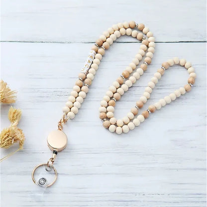 ID Name Badge Card Holder with Wooden Beaded Lanyard