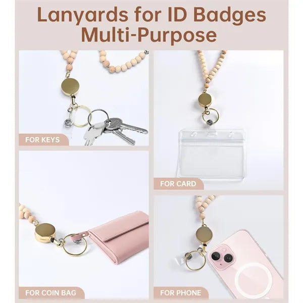 ID Name Badge Card Holder with Wooden Beaded Lanyard