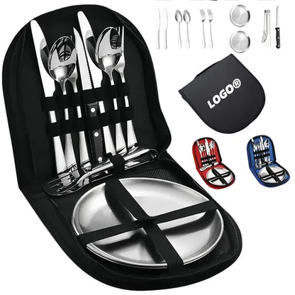 Portable Stainless Steel Cutlery Set Plates And Travel Case