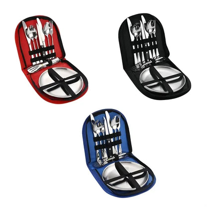 Portable Stainless Steel Cutlery Set Plates And Travel Case