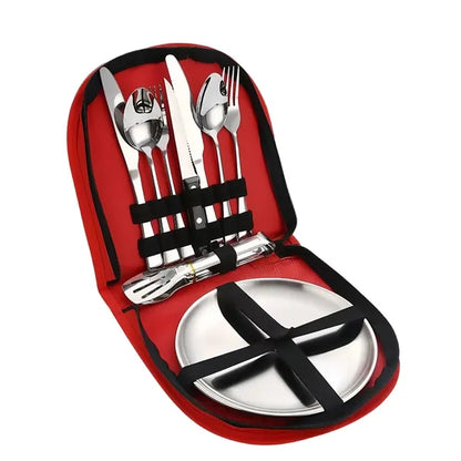 Portable Stainless Steel Cutlery Set Plates And Travel Case