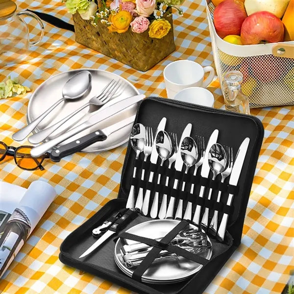 Portable Stainless Steel Cutlery Set Plates And Travel Case