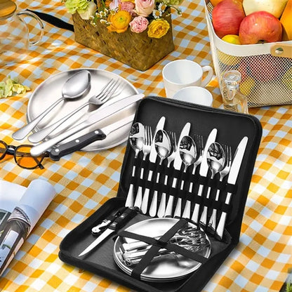 Portable Stainless Steel Cutlery Set Plates And Travel Case