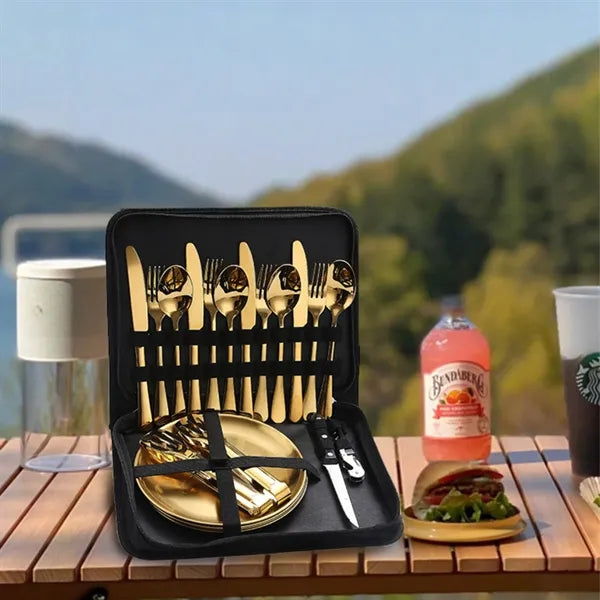 Portable Stainless Steel Cutlery Set Plates And Travel Case