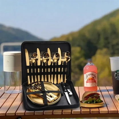Portable Stainless Steel Cutlery Set Plates And Travel Case