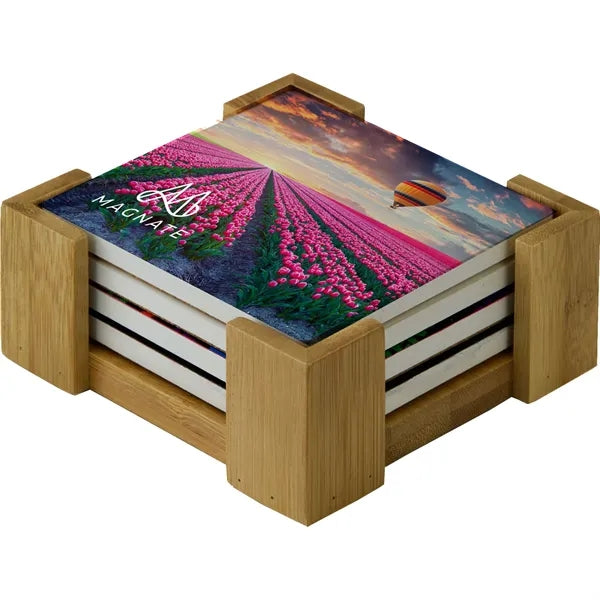 4 Pc Set with Wood Stand Square Ceramic Coaster