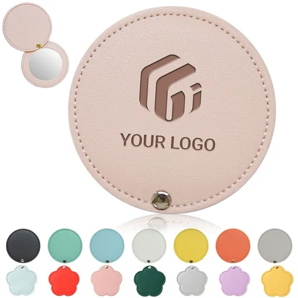 Mini portable PU leather travel pocket makeup compact mirror