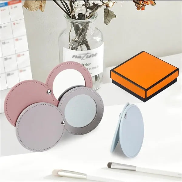 Mini portable PU leather travel pocket makeup compact mirror