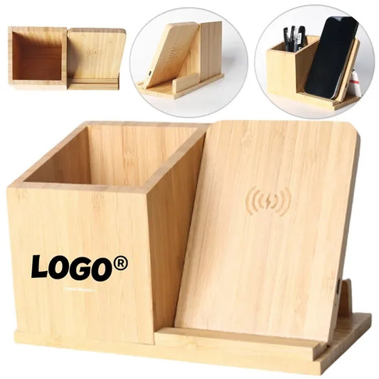 Bamboo Desk Organizer Wireless Charger With Phone Holder