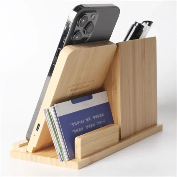 Bamboo Desk Organizer Wireless Charger With Phone Holder