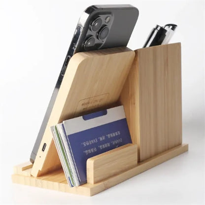 Bamboo Desk Organizer Wireless Charger With Phone Holder