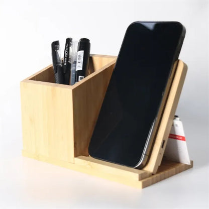 Bamboo Desk Organizer Wireless Charger With Phone Holder