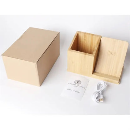 Bamboo Desk Organizer Wireless Charger With Phone Holder