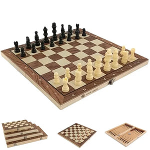 Adult Kids Beginner 3 in 1 Wooden Folding Checkers Chess Set