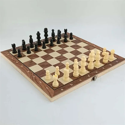 Adult Kids Beginner 3 in 1 Wooden Folding Checkers Chess Set