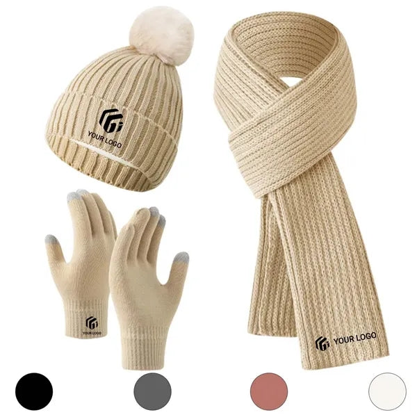 Warm Winter Beanie Hat Scarf Gloves 3 in 1 Set for Outdoor