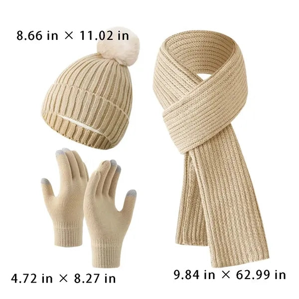 Warm Winter Beanie Hat Scarf Gloves 3 in 1 Set for Outdoor