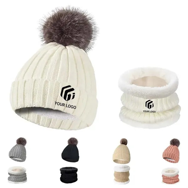 Ski sports winter knit beanie hat neck warmer scarf set