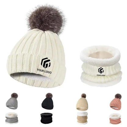 Ski sports winter knit beanie hat neck warmer scarf set