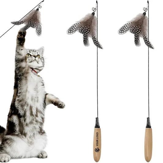 Interactive wooden handle spring feather funny cat stick toy