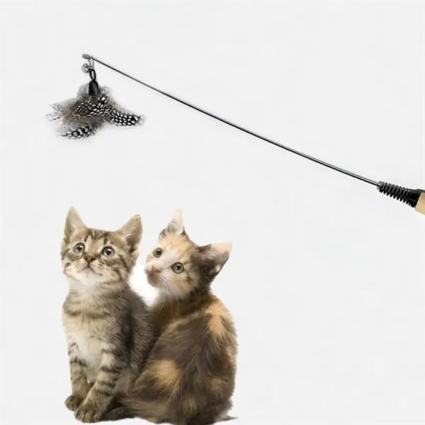 Interactive wooden handle spring feather funny cat stick toy